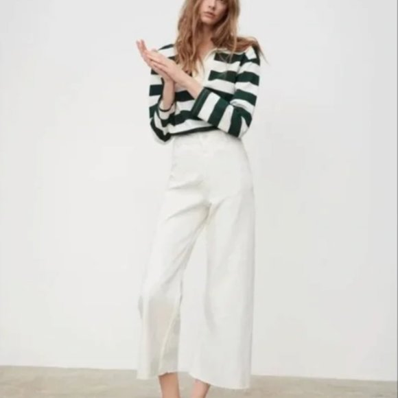 Zara The Marine Straight Jean Off White High Rise Raw Hem Size 2 - Picture 1 of 12